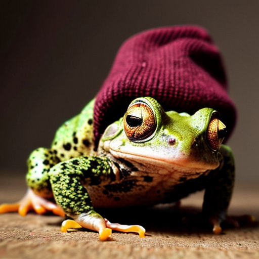 A laughable, puzzled animal toad in woolen, multicoloured winter clothings and with woolen winter cap. Hyperrealistic style.