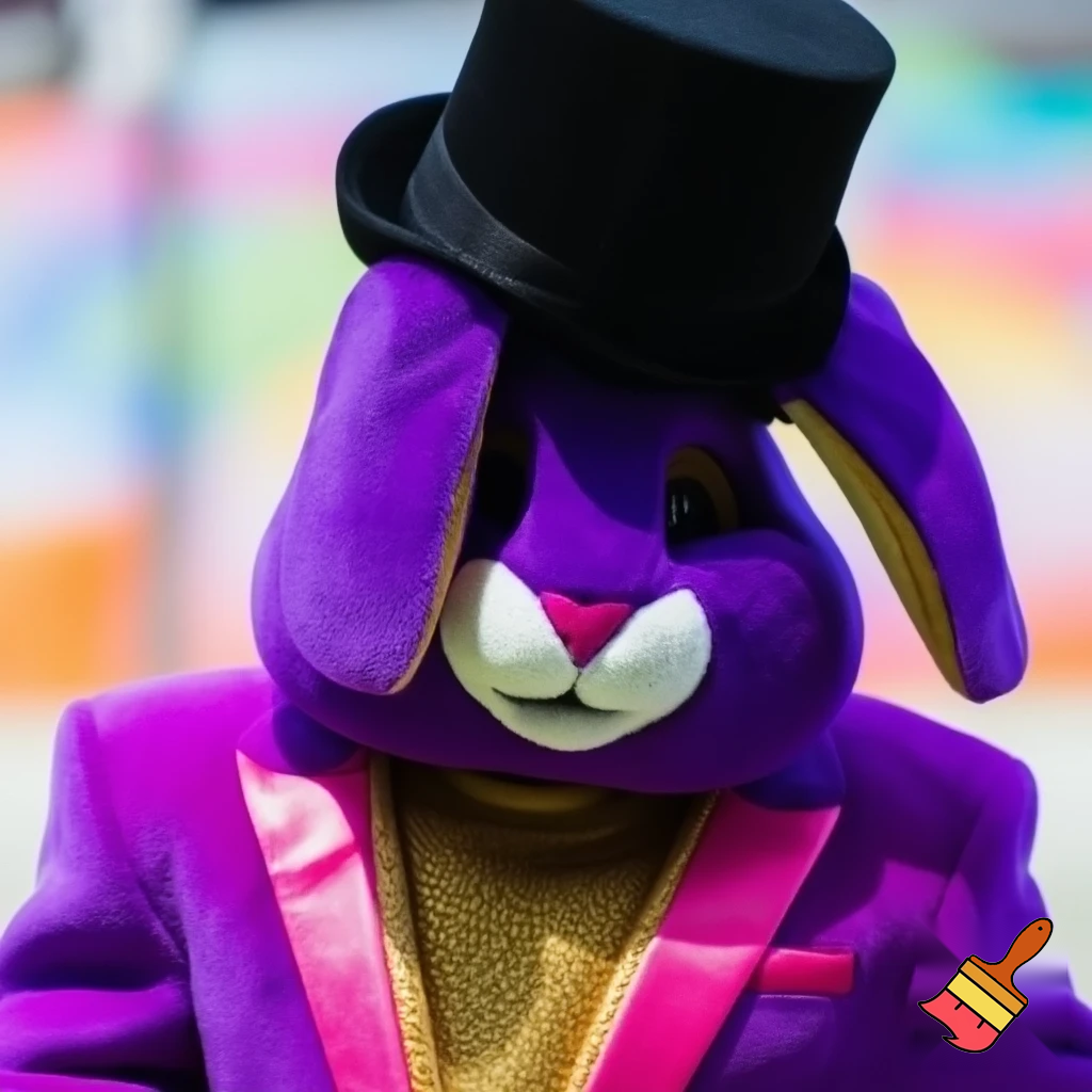 Easter bunny mascot costume top hat a colour face jacket purple and pink pink, purple and pink and gold purple and pink and gold
