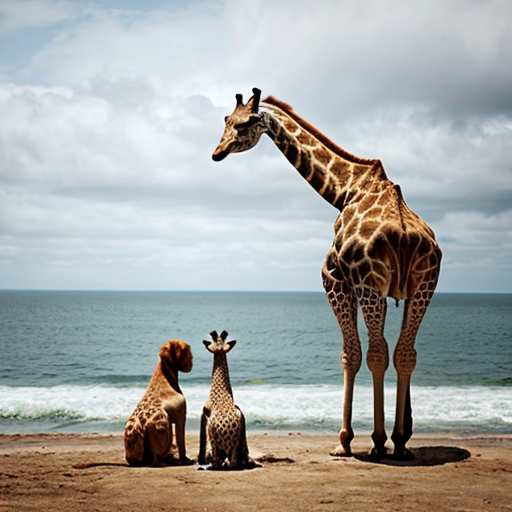 a giraffe next to a dog in front of the ocean