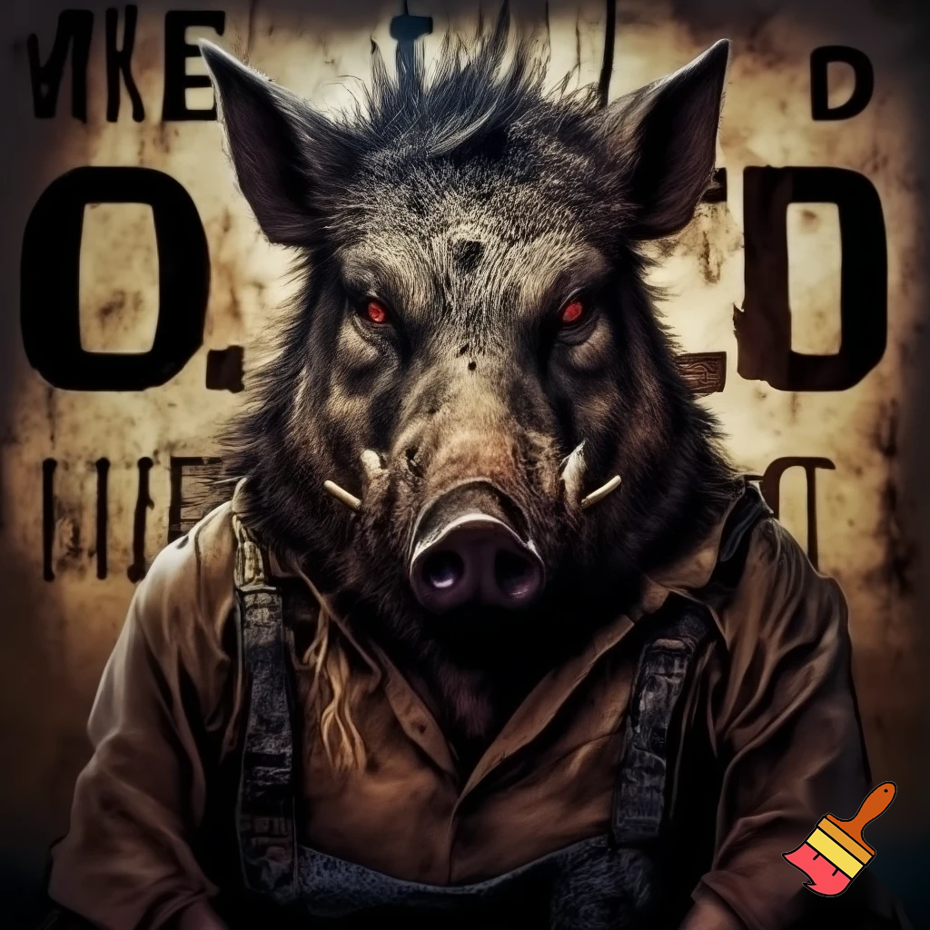create a evil wanted poster with an image of a mugshot of a wild pig wearing prisoner clothes with red eyes.



