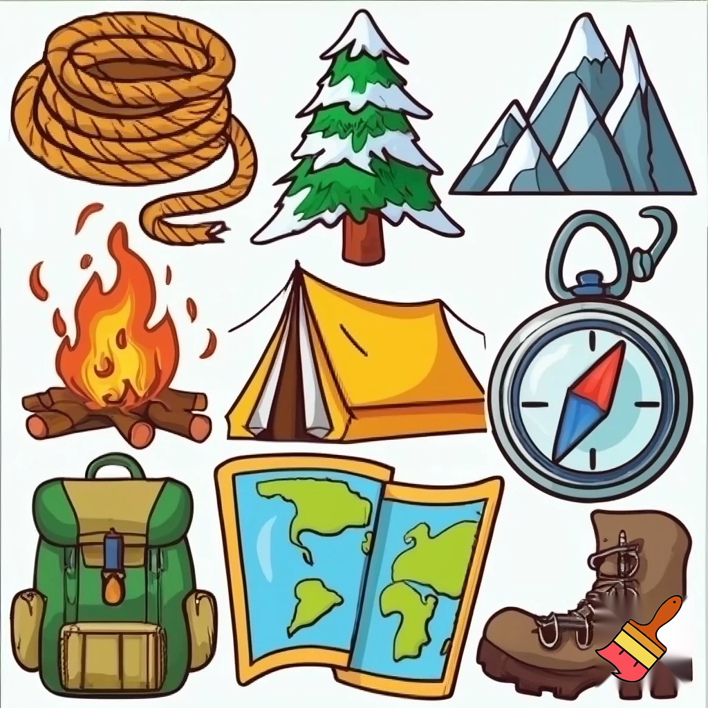 single icons of nature exploration in cartoon style : cord, fir tree, mountain, campfire, tent, carabiner, compass, backpack, world map, hiking shoe, binoculars