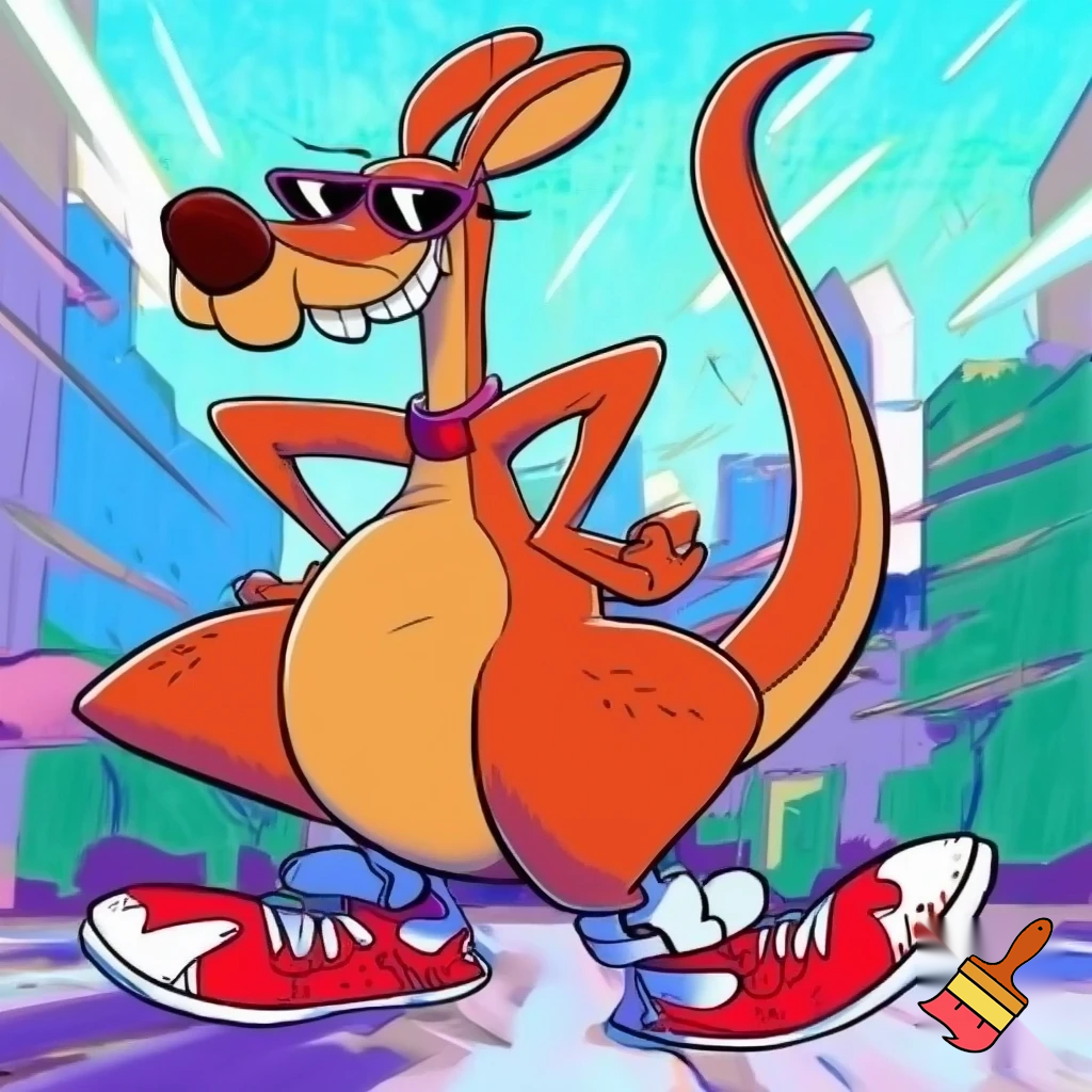 Cartoon cool red male kangaroo wearing red sneakers, standing on his tail, smiling, a dog collar, big eyes 90’s nickelodeon