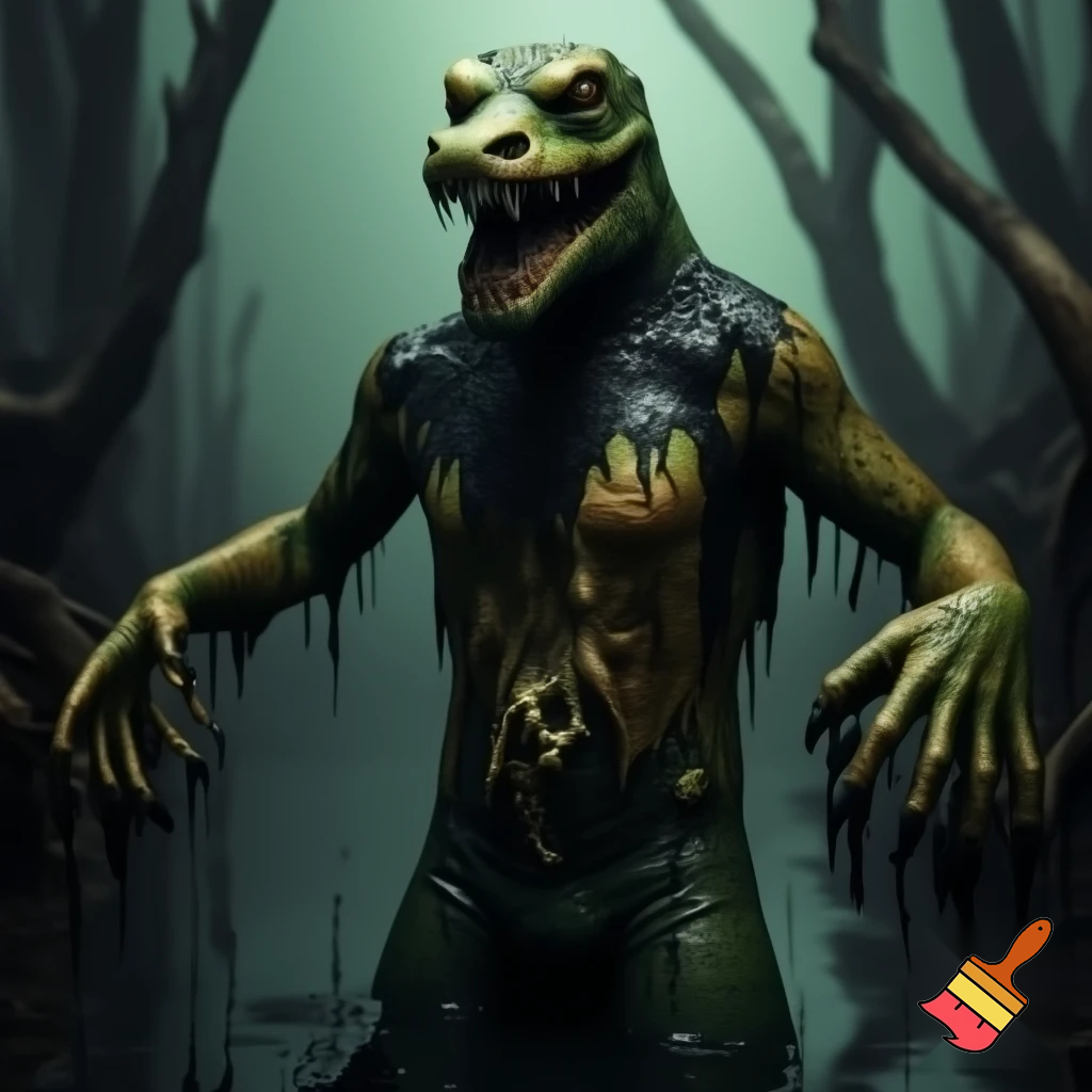 A grotesque, rotting, anthromorphic crocodile creature standing upright, its body covered in black goo, melting, and dripping like sludge, exposing its bones. The skin is swampy green, black, and sickly brown, with patches of rot and ooze and entirely made out of gunk. Eyes bulging in horror, jaw hanging loosely, teeth crooked and partially dissolved and has a deformed smile. The creature’s limbs stretch out as goo drips from its claws exposing its skeletal fingers. It's appearance, also zombie-like and deformed. Surround it with an eerie, fog-filled swamp: twisted dead trees, murky water, dim green-gray light, and a haunting atmosphere. Highly detailed, creepy, and surreal. 