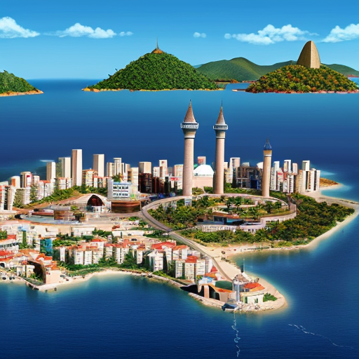 Turkish Island Republic of South America in 2050 with buildings in the Turkish dub.