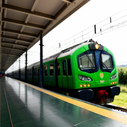 a train traveling with greenfields in background with irish flag
