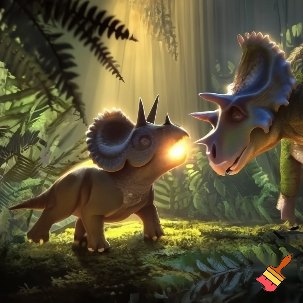 Draw a baby triceratops in the wild with a glowing nose horn and another dinosaur looking at him curiously 