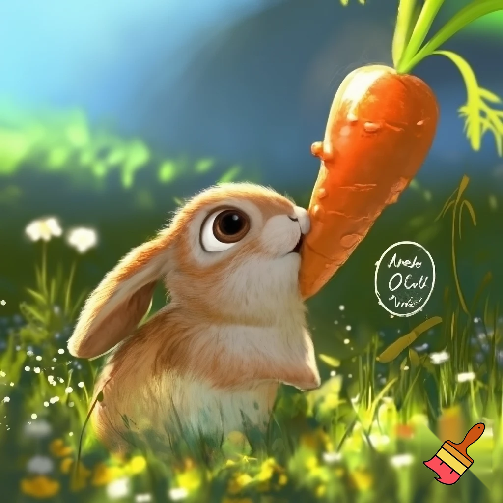 Scene: Sunny meadow. Bunny sees a big carrot.
Text Bubble (Bunny): “Wow! This carrot is huge! Just for me!”
