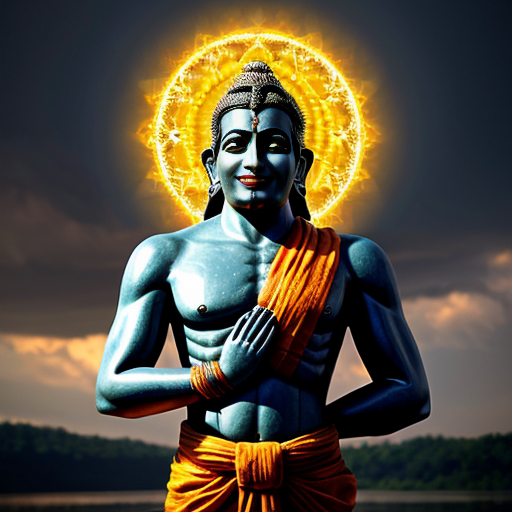 Here is 1 viral AI image prompt similar to your image:

Prompt:

Divine cinematic artwork of Lord Rama standing in a powerful pose, glowing blue skin, holding a sacred bow, wearing orange dhoti and floral garland, bright golden aura radiating behind him. A colossal spiritual form of Hanuman appears in the sky behind with folded hands in devotion, calm yet powerful expression, gada resting near his shoulder. Ancient glowing Sanskrit mandala forming a circle around Rama, floating stones, sparks and petals in the air, dramatic cloudy sky, fire light beneath his feet reflecting on water, epic mythology atmosphere, ultra detailed, god rays, volumetric lighting, hyper realistic, 8K, sharp focus, cinematic composition, trending on ArtStation, masterpiece.

Negative Prompt:
low quality, blurry, extra arms, bad anatomy, distorted face, watermark, text, cropped, oversaturated.