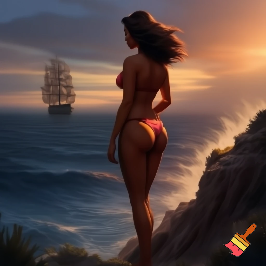 a beautiful woman on a cliff wearing a bikini, you can see the ocean and a big boat in the distance