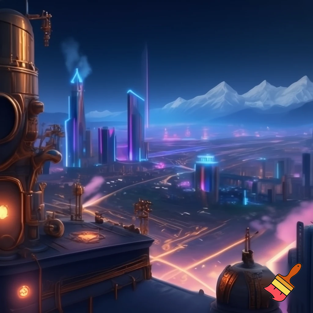create a landscape background 



Style: anime teaser, a mix of cyberpunk, steampunk and ethno motifs (PUNKVERSE)



Palette: deep cool neon blues/purples + warm brass-copper range for steampunk elements + white-snow accents in the background.



Description: Almaty at night, view from the roof (transition from Scene 7), but now without characters. An empty landscape.



Action: Focus on the city.



Visual: A scene on the roof / generalized observation deck of the city.