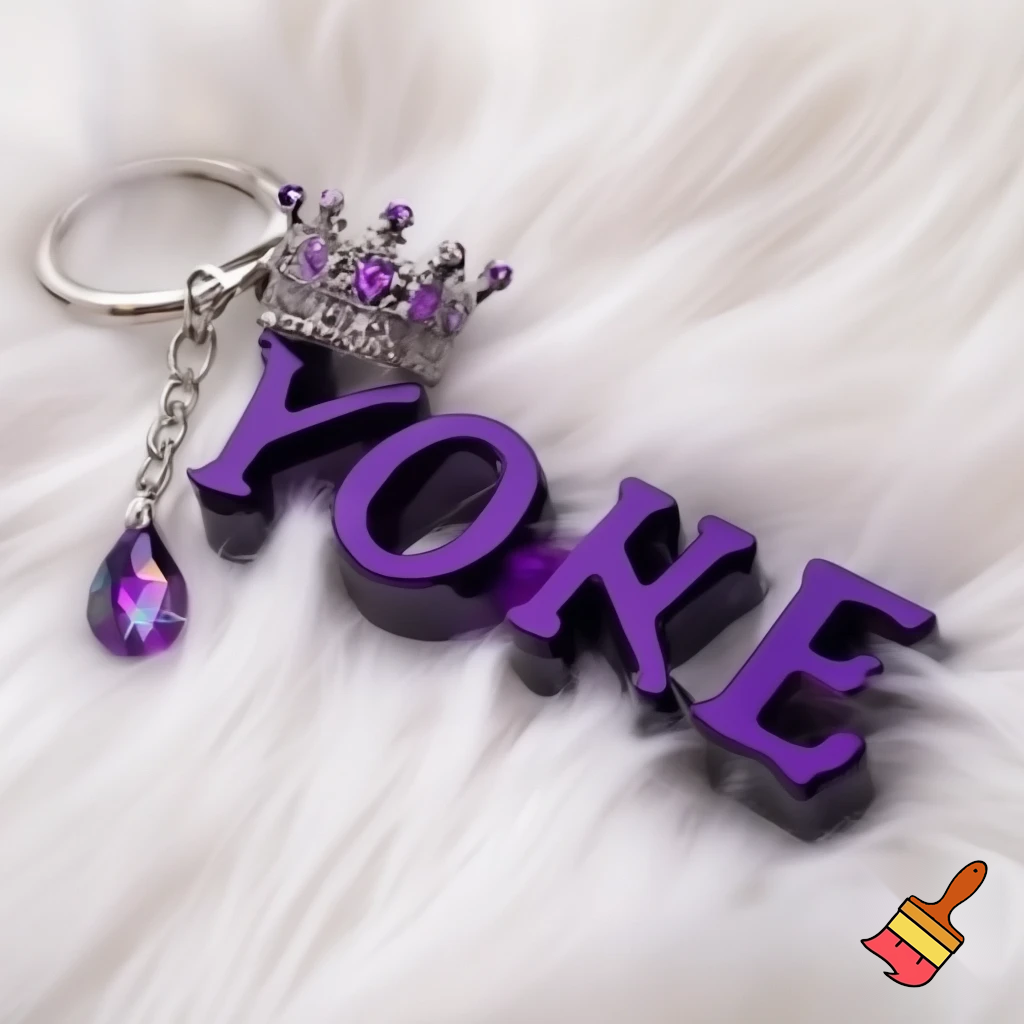 A photorealistic close-up of a three-dimensional name 'Saiba😘Mosim' keychain, deep purple resin base, with white fluffy or faux fur texture, topped with a sparkling silver and amethyst gem crown. Suspended on a keyring with a single purple teardrop crystal charm. Studio lighting, soft white faux fur background and top write stylish font Sandeep Sondrsee 
