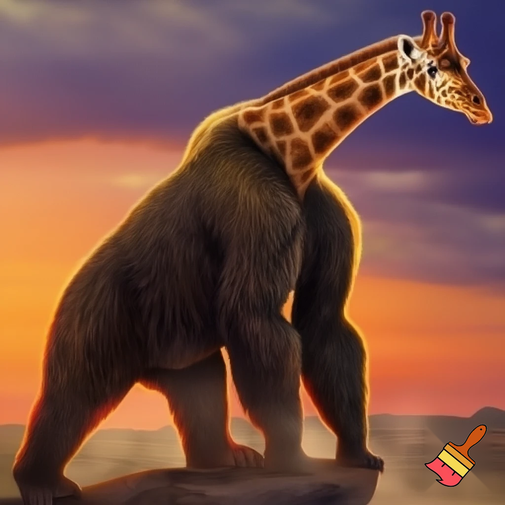 a picture of a giraffe mixed with a ape mixed with a bear and hores
