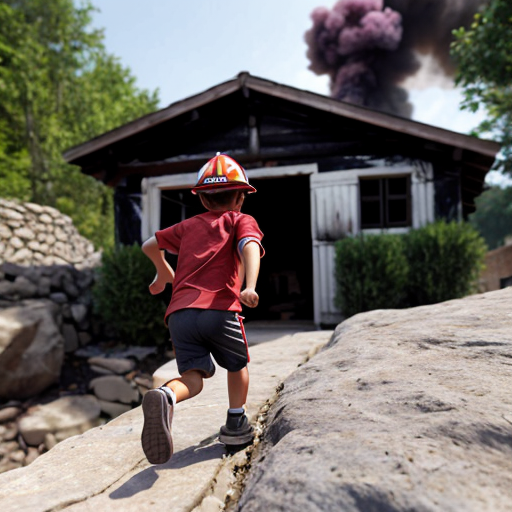 A boy running out of a fire on a small stone house