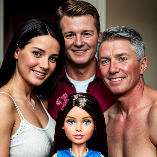 make a family photo of 3 with a 3 year old barbie and a 15 year old ken with there dad