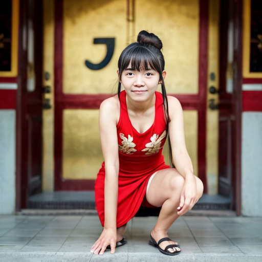 Anime style short woman from indochina, she wears a short red dress with gold embroidery, she has her bkue-black hair up in either 2 buns or 2 ponytails. She has a determined look on her face. We view her from a few steps away face-on. She is crouched forward looking like she has just finished a backflip.