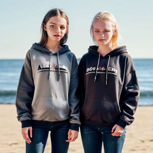 Create an image of two sisters standing next to each other. One of them, the old one, has brown hair and blue eyes. She is around 18 years old and her sisters head goes up to her neck. Her hair is long and silky. The younger sister has blonde hair and blue eyes. She is 13 years old. They are both wearing packing hoodies and baggy black jeans. The hoodies are dusky grey with your Australian flag on them however the jumpers have an old retro sort of vibe. They are at the beach. They have their Arms around each other they are both very beautiful 