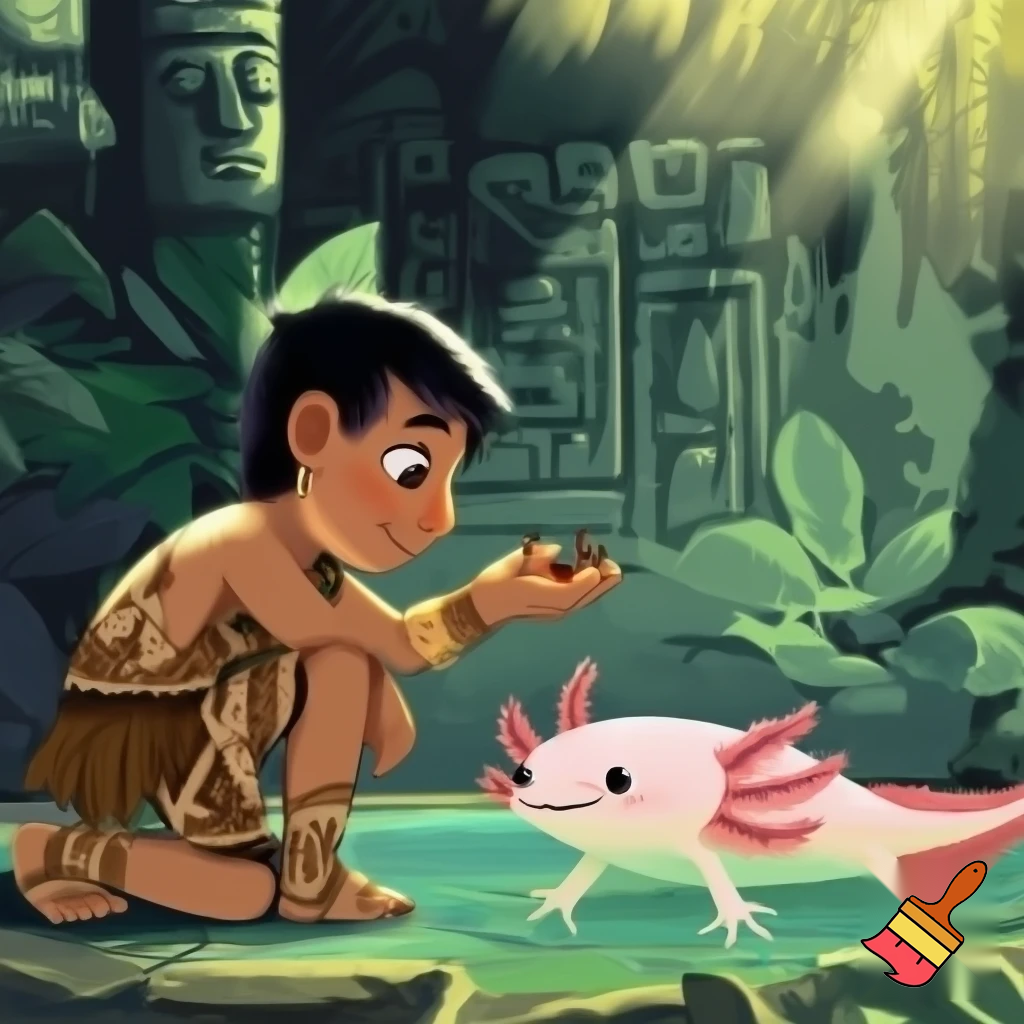 an Aztec boy playing eating ants and an axolotl 