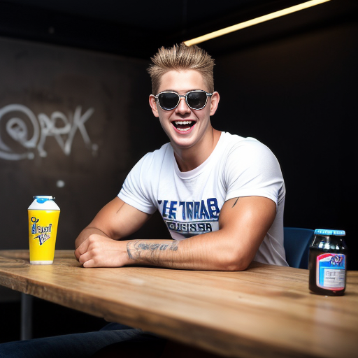 5 Jacked strong lean 20 year olds men wearing with bully clothes so cool and sunglasses and all of them are wearing white t shirt with dark blue jeans and they are all smiling and laughing in a dark room with party lights on (no one else in the room) (2010s color photo) (realistic photo with a slight shaky effect) and it looks like there is soda on the table. 