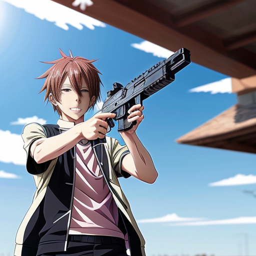 Create a background for me where there is an anime character with a gun and the weather is spring