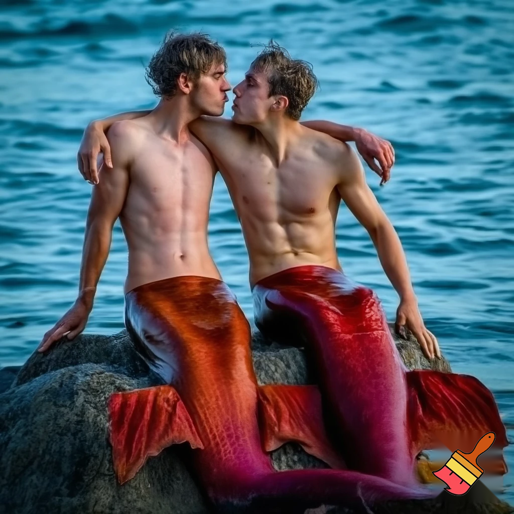 Outdoor photo of realistic shot of two caucasian mermen sitting together on a rock in the middle of the ocean, with one merman having his arm around the other. Their bodies are toned and muscular, with narrow waists and wide shoulders. They have short wet and messy hair. Their bodies are dripping wet. Their waists merge seamlessly into long, deep scarlet fish tails with large frilly fins. They are looking into each others eyes. They are kissing.