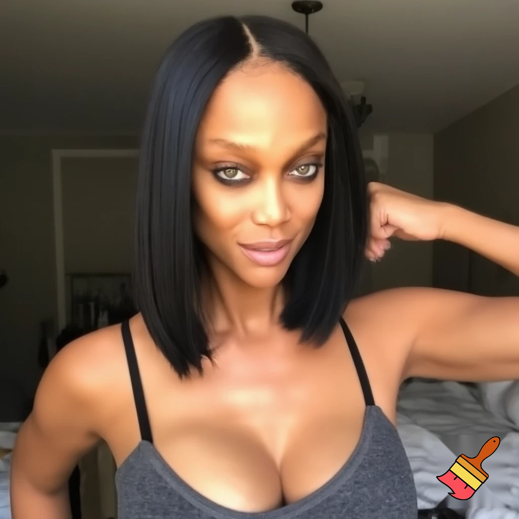 Tyra Banks with a black sleek middle part bob hair wearing a grey camisole and black bra working out at home 
