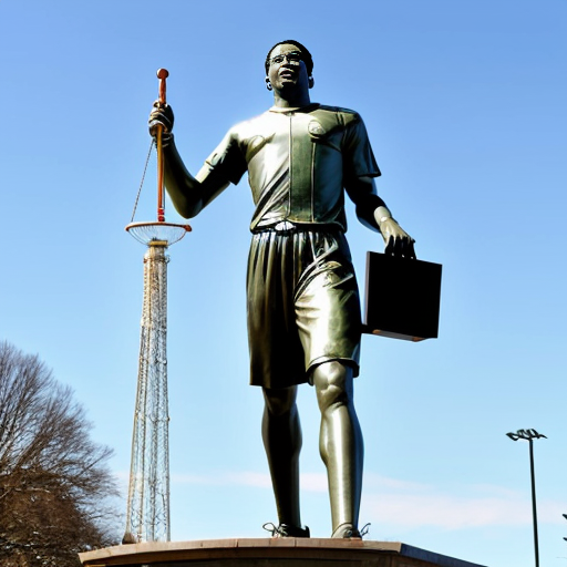 100 foot statue of Karmelo Anthony holding scales of justice