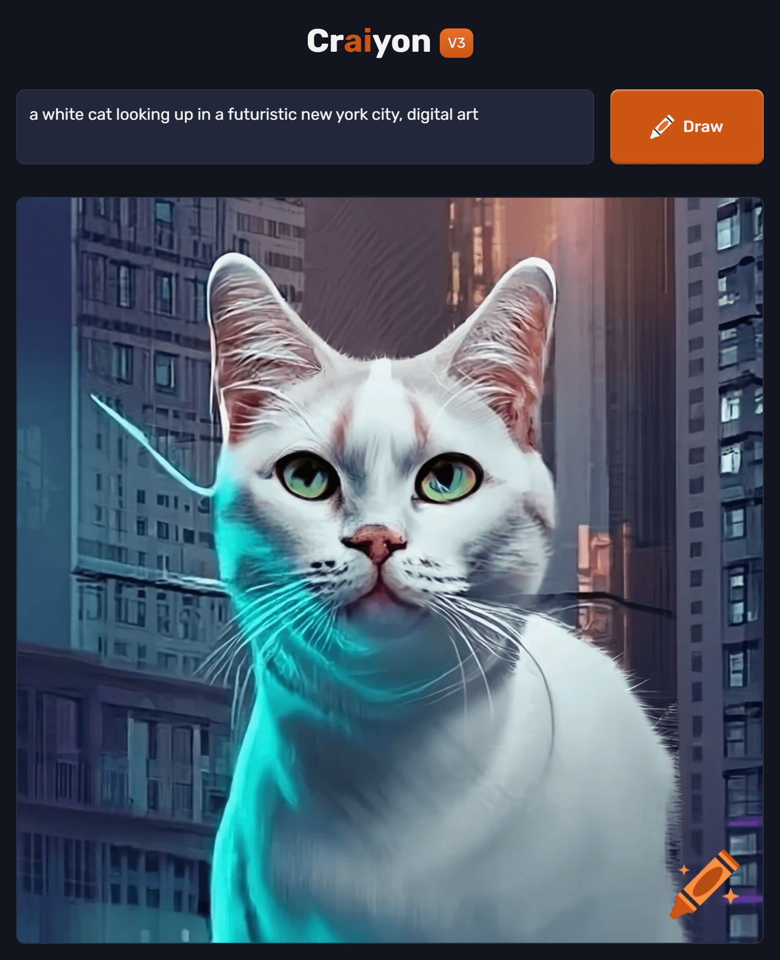 Clear language AI prompt example. Prompt: a white cat looking up in a futuristic new york city, digital art // Negative Words:  // Crayon AI Model: Art