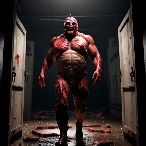A 9 :16 aspect ratio pic of a cavernous, rusted slaughterhouse bathed in the flickering glow of broken overhead lights, their sparks raining down like dying fireflies. Dominating the scene is Satan himself—not some cartoonish demon, but a towering, twisted colossus of sinew and exposed muscle, his flesh split in jagged seams where extra limbs and eyes bulge grotesquely from his form. His jaw unhinges like a serpent’s, strings of saliva and half-chewed meat dangling as he laughs, the sound vibrating through puddles of gore. Around him, hazmat-suited figures move like panicked insects, their suits slick with viscera, desperately trying to contain something they clearly cannot. The floor is a mosaic of carnage—shattered bones, gnawed torsos, and unrecognizable meat piles, some still twitching. In the shadows, pale figures with too many teeth crouch over fresh kills, their feast lit by the emergency exit sign’s bloody glow. The air is thick with the metallic stench of butchery and the wet, tearing sounds of things still being eaten alive