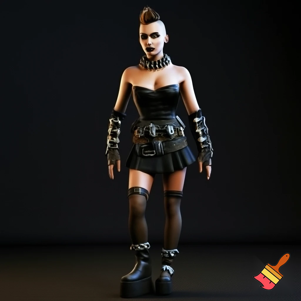 Attractive woman with an undercut and bold makeup wearing a spiked collar, buckle arm warmers, a corset, a body belt, a pleated skirt, vertical striped stockings and platform boots 