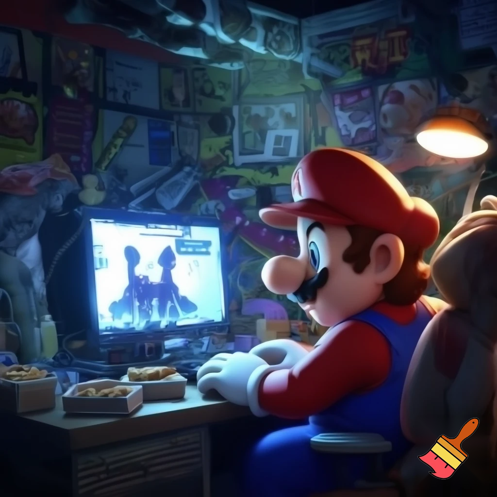 Mario playing five nights at Freddy's pizzeria simulator. He is at his desktop playing the game