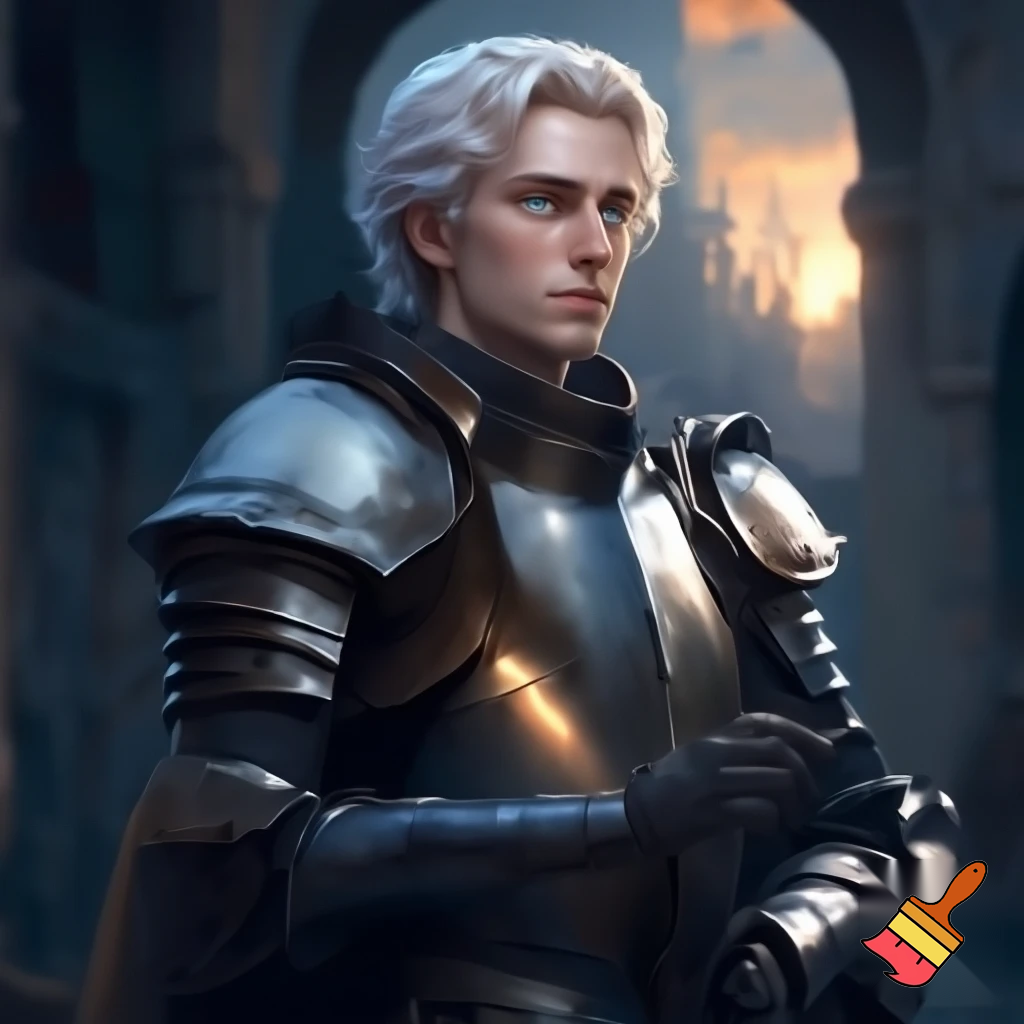 a fair faced man with angelic short white hair and blueish gold eyes. he is also a knight