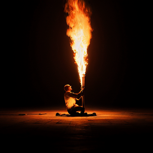 Surreal symbolic cinematic illustration.

All human figures are full-body solid silhouettes, completely filled with a single flat matte color. No facial features, no eyes, no mouth, no anatomy details, no clothing details, no texture.

Scene composition:

Foreground:

In a vast dark environment, a fallen male silhouette lies on the ground. A dark symbolic dagger shape is embedded in his chest. A deep red glow spreads beneath his body on the floor.

Midground:

Four solid-color human silhouettes kneel around him in grief, leaning toward him. From the center of their chests, intense flames rise upward, dramatic and dynamic.

Behind one grieving figure stands another silhouette holding an unlit torch. He lights his torch from the flame rising from the grieving figure’s chest that comes from his upper back when his chest is more toward the ground

Background:

A large crowd of solid-color silhouettes stands behind them, raising burning torches toward the sky.

Sky:

Above the entire scene, a massive swirling black cloud dominates the sky. The rising flames from the torches and burning chests reach upward and begin to burn and dissolve the dark cloud.

Lighting:

Extremely dark atmosphere. The only light sources are the flames. Strong cinematic contrast. Volumetric fire glow. Light reflecting softly on the matte silhouettes.

Mood:

Epic, emotional, symbolic, tragic yet revolutionary. Wide cinematic composition, low camera angle, dramatic scale, high detail, 4k.