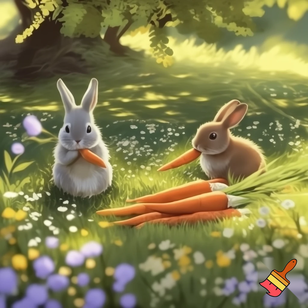 Two rabbits eating carrots