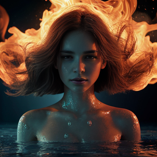 An 8K ultra-realistic, 9:16 vertical cinematic portrait that transforms the provided female model while maintaining 100% absolute likeness. The model features smooth skin tones and a piercing, symmetrical gaze directed at the camera. Her physical form serves as the conduit for a dramatic elemental split: the left side of her torso and face is wreathed in roaring, hyper-detailed orange and yellow flames, while the right side is encased in crystalline, splashing cerulean water and translucent ice droplets. Her hair is light and wispy, appearing to dissolve into rising smoke on the fiery side and shimmering mist on the aquatic side. The shot is a medium close-up with a shallow depth of field, utilizing high-contrast cinematic lighting to emphasize the clashing textures of flickering embers and refractive liquid. The primary setting is a dark, atmospheric void where the foreground is cluttered with floating sparks, glowing cinders, and suspended water molecules. There are no written mediums or canvases, only the raw interaction of fire and water scatter swirling around the subject’s shoulders and hands in a display of photorealistic power. 