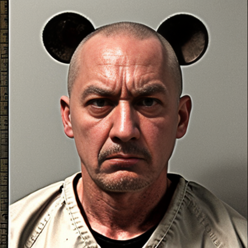 strong tough rat, evil, sinister, wearing prison outfit, mugshot style
