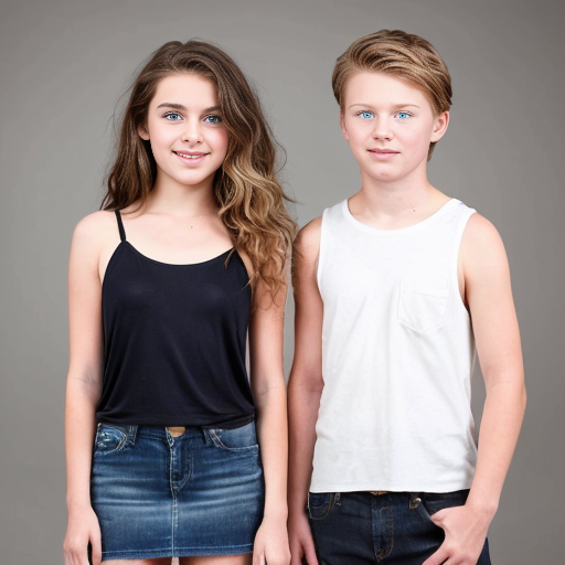 A girl who is 16 with brunette hair with lighter highlights and she has beach curls .she also has brown eyes  She is wearing a white mini dress with thin straps. There is her brother a 14 year old boy the same height as her and he has curly brunett hair and brown eyes. He is wearing a white shirt and blue jeans. There is another girl who is 10 and she is wearing a pink tank top with a white mini skirt she also has blonde hair and blue eyes .she is shorter than both of the other people.They are all siblings. Also make it look like a realistic photo