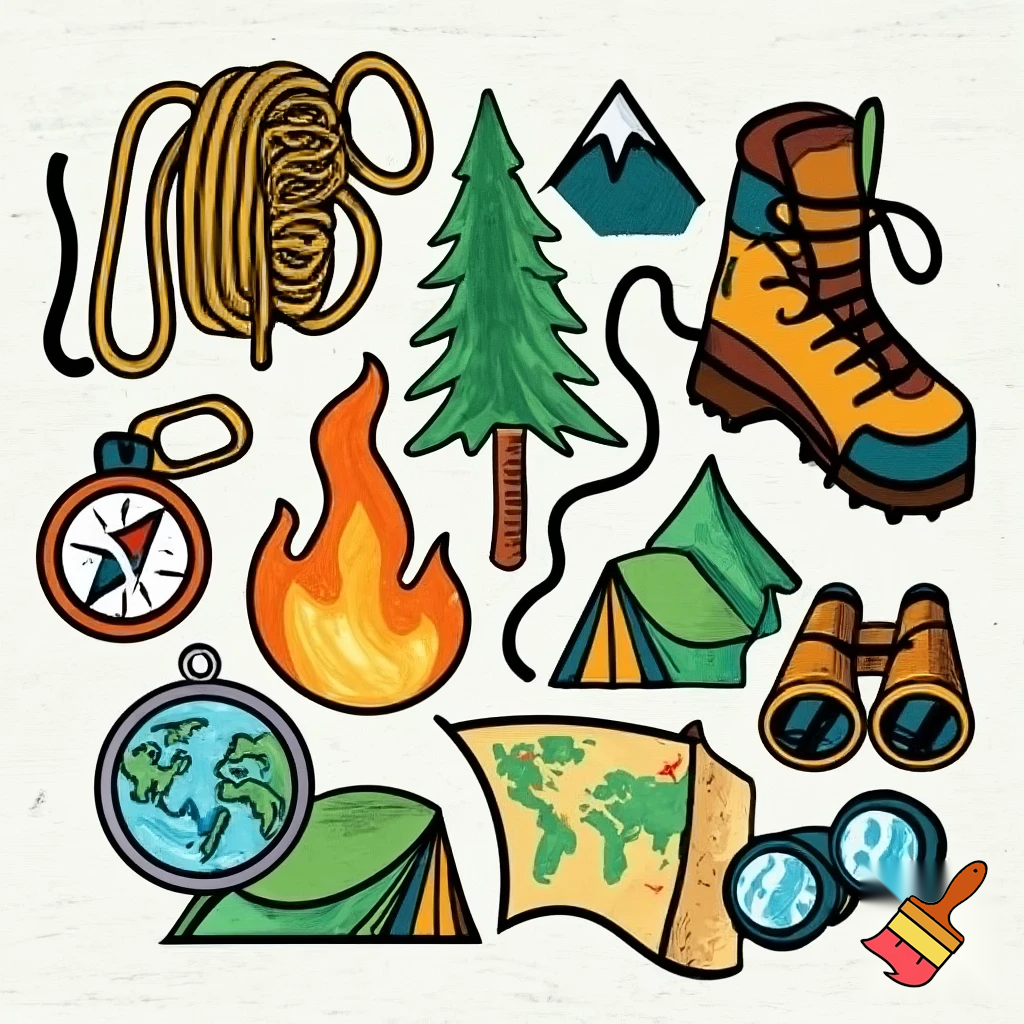 icons of nature exploration in cartoon style : climbing shoe, cord, fir tree, mountain, campfire, tent, carabiner, compass, backpack, world map, hiking shoe, binoculars