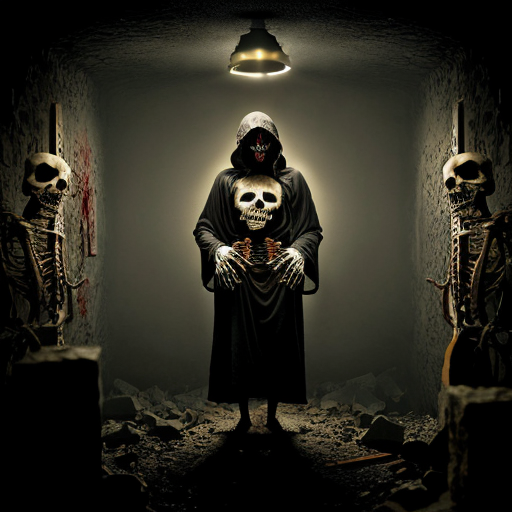 "Hyperrealistic dark horror photography, two central figures standing in a decrepit underground crypt or dungeon. Left figure: skeletal demon wearing a tattered dark charcoal suit with a pentagram tattoo on exposed chest cavity, ram/goat horns curling from a bleached skull head, decomposed hands hanging at sides. Right figure: skeletal undead entity draped in a flowing deep crimson/burgundy hooded robe soaked and dripping with dark glistening blood, exposed ribcage visible through the robe opening, golden saint's halo above the screaming skull face, mouth agape in a silent shriek. Flanked by two decaying upright skeletons on each side, partially covered in dried blood. Floor completely covered in scattered human skulls and bones. Background stone wall features inverted crosses carved or painted in aged gold/ochre. Dense atmospheric fog and smoke filling the space. Lighting: single dramatic underlighting with a cold blue-grey ambient fill, warm amber rim light catching the bones, high contrast chiaroscuro. Shot on film camera, grain texture, photorealistic, cinematic horror, 35mm lens, editorial dark art photography aesthetic."