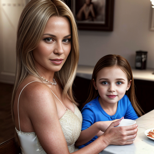 mother and the blonde daughter, on the table, party dress, close up, daughter with long hairs, mom at backround, photorealistic
