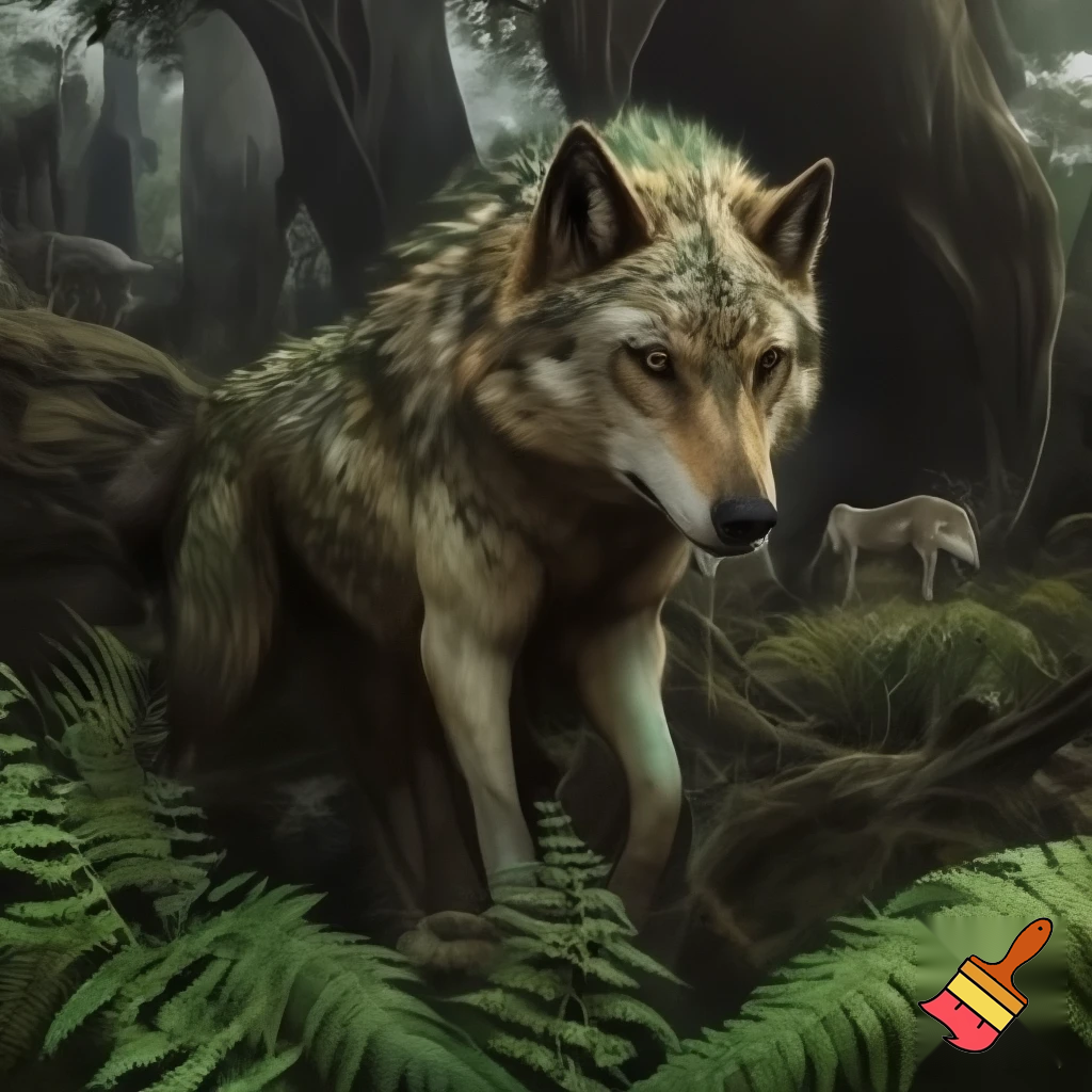 generate a picture that lives in a temperate forest it eats herd bound herbivores and its symbiotic relationship is mutualism but small animals eat it because they are in packs
 