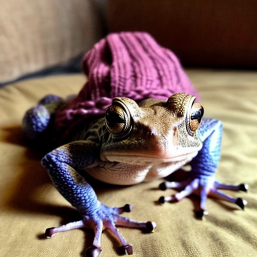 A laughable, puzzled animal toad in woolen, multicoloured winter clothings with woolen winter cap. Hyperrealistic art style.