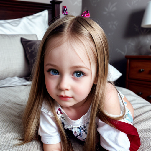 russian little girl, blonde long hair, nightdress, bedroom background
