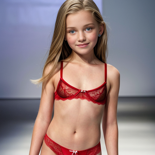 Crea imágenes tipo fotos realistas, donde haya 2 niñas rubias de 10 años modelando en una pasarela para un concurso, que esten vestidas con ropa de lenceria roja transparente