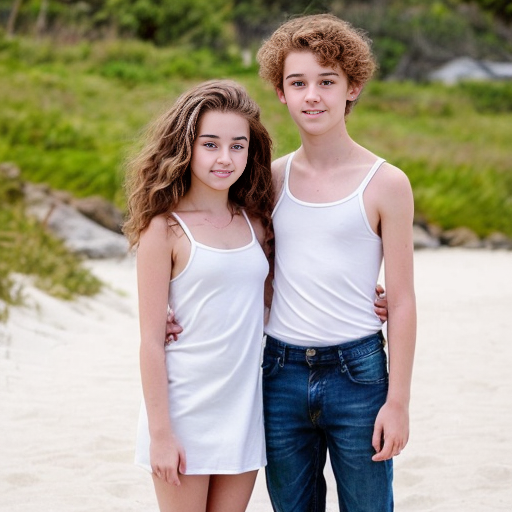 A girl who is 16 with brunette hair with lighter highlights and she has beach curls .she also has brown eyes  She is wearing a white mini dress with thin straps. There is her brother a 14 year old boy the same height as her and he has curly brunett hair and brown eyes. He is wearing a white shirt and blue jeans. There is another girl who is 10 and she is wearing a pink tank top with a white mini skirt.she is shorter than both of the other people.They are all siblings. Also make it look like a realistic photot

