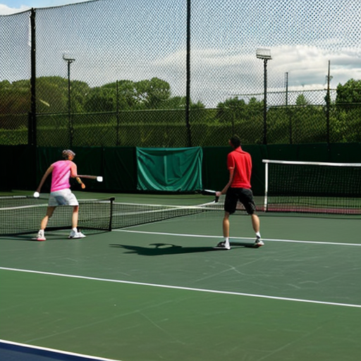 generate a group of poor people thinking on a tennis court.