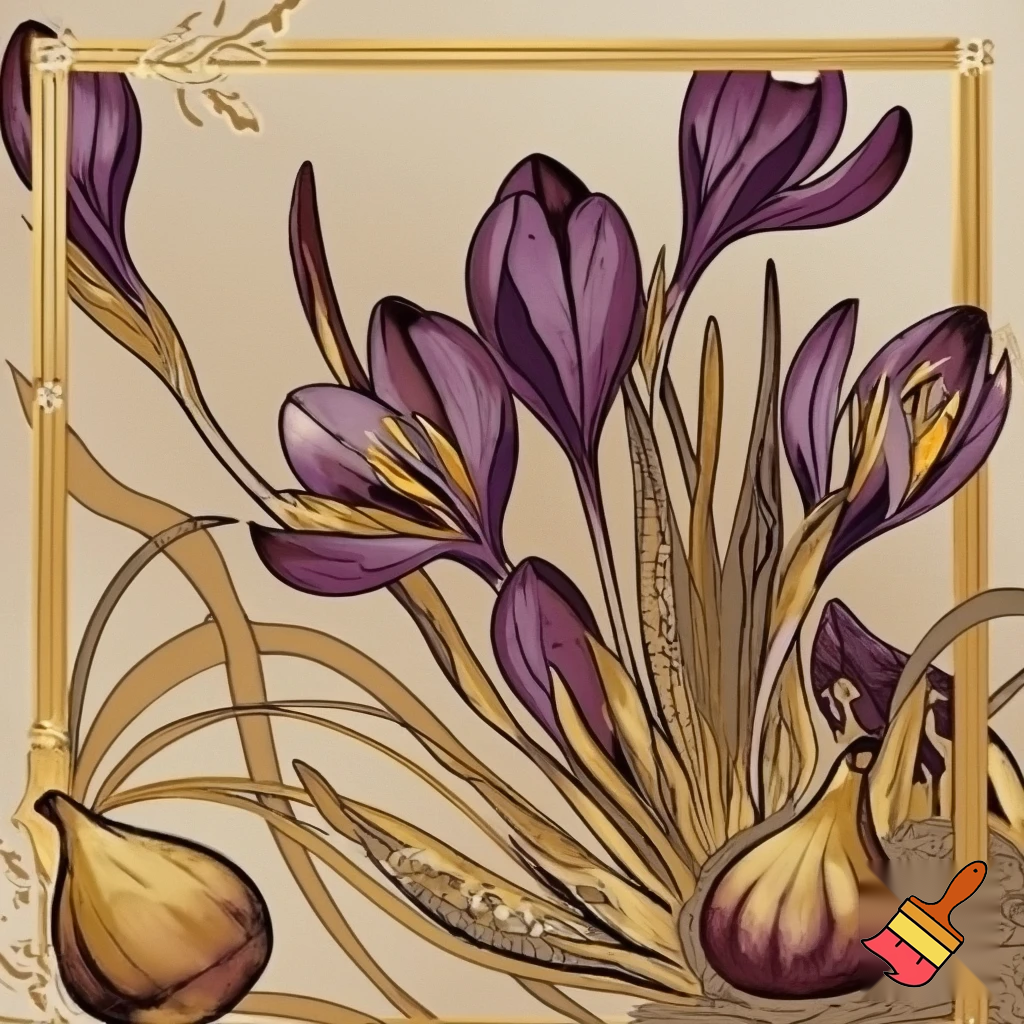  Reate a golden border frame made of  twining crocus flowers and fig fruit in the style of Vintage botanical line art with light Art Nouveau ornamentation.