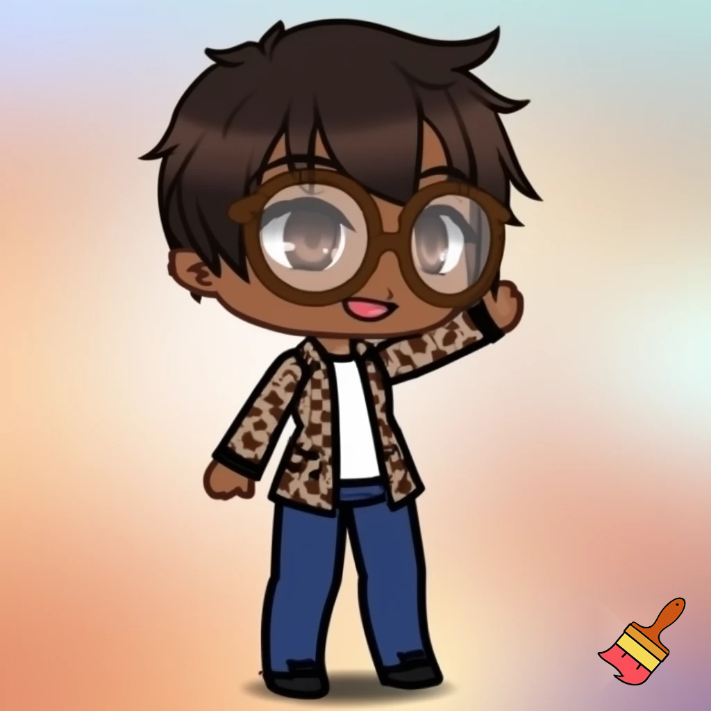 A Gacha brown skinned boy with dark brown hair, brown glasses and a brown pattern jacket with a white shirt, blue pants and black shoes. Waving at the camera 