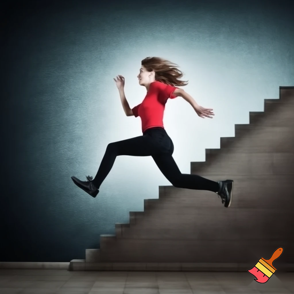 Woman run, climbs on stairs. Suffering. Absolute abstract 