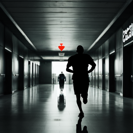 "A dark, eerie airport, with an ominous, distorted atmosphere. The interior is dimly lit, with flickering lights casting long shadows. In the distance, a shadowy figure with glowing red eyes is running towards a frightened young man, whose heart races in fear. The airport seems warped, with the walls stretching and shifting unnaturally. The young man is sweating and breathing heavily, looking back as he sprints toward an open door. The figure chasing him has a twisted, wide smile and jagged black teeth. The clock on the wall is moving backwards at an alarming speed. The air is thick with suspense, the atmosphere cold and foreboding, creating a sense of impending doom."