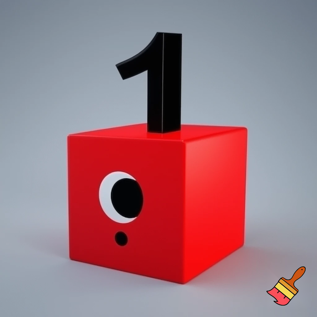 1 red block that has a face with 1 eye and has a black number 1 above